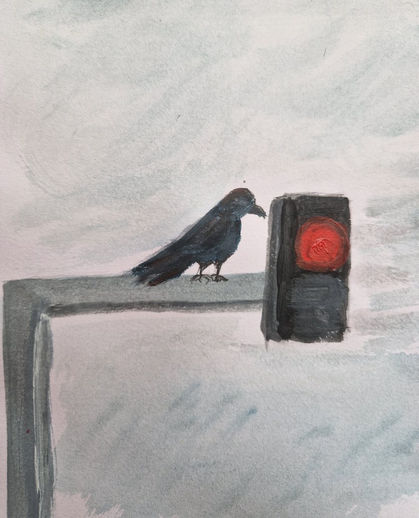 Crow on a stoplight - painting by Anand H Quinn
